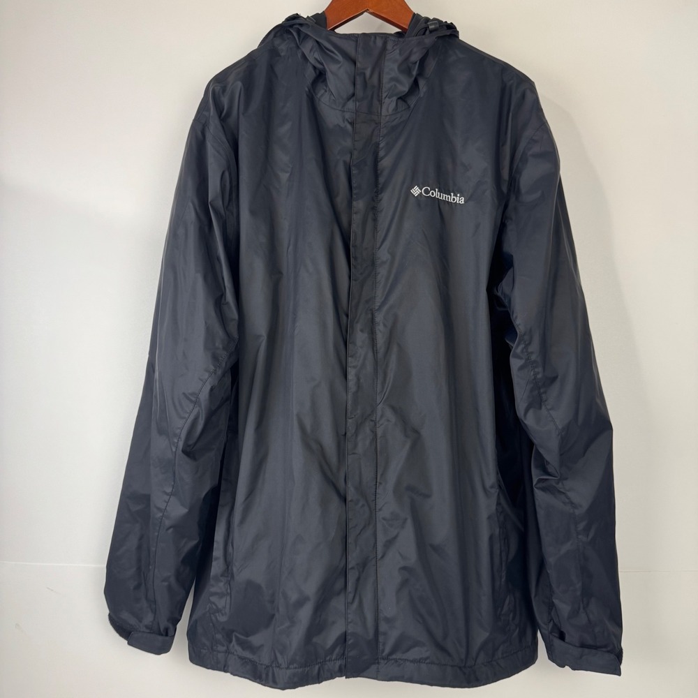 Columbia Rain Jacket Mens XLT Black Omni-Tech Waterproof Packable Hiking Flaw